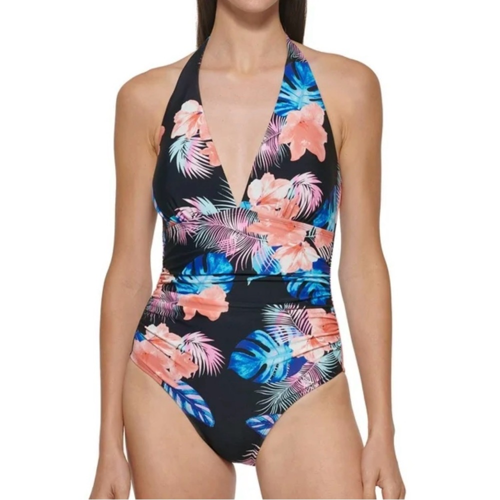 DKNY Women's One Piece Tummy Control Halter Neckline Swimsuit (Tropical, XL)